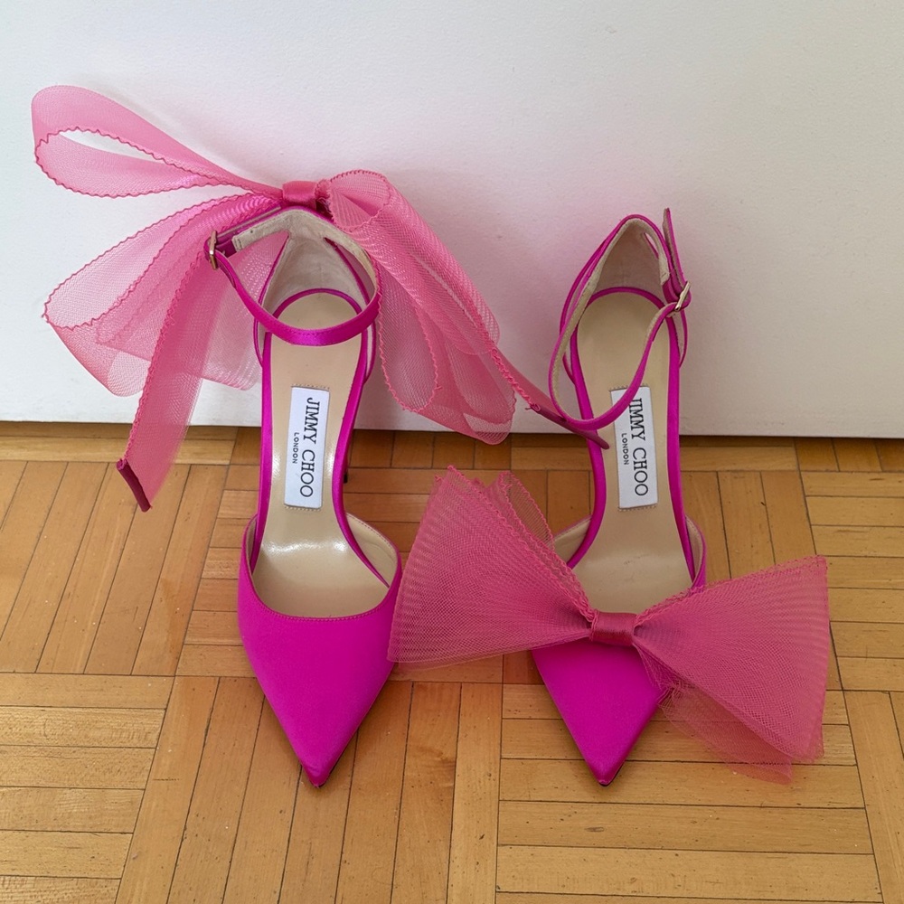 Jimmy Choo Fuchsia Silk Pumps with Tulle Bows - Picture 1 of 4